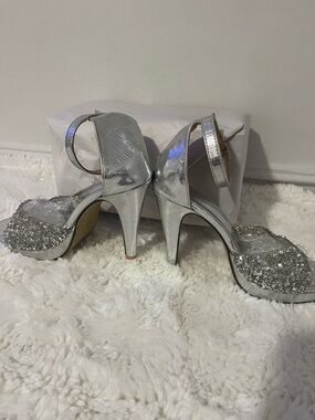 Silver Glitter Ankle-Strap High Heel Sandals
